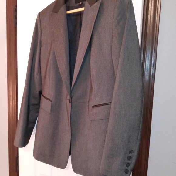 Express Leather Trimmed Gray and Black Stretch Blazer - Picture 3 of 12